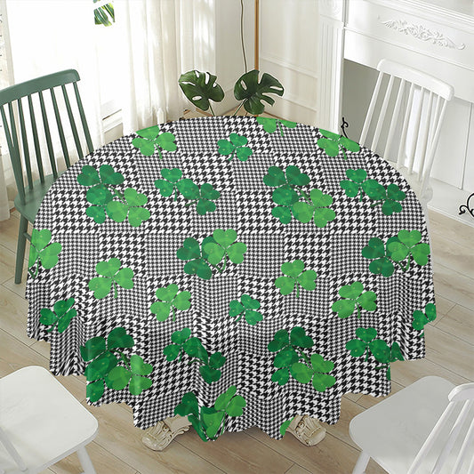 Shamrocks Houndstooth Pattern Print Waterproof Round Tablecloth