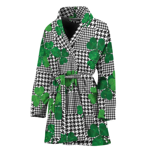 Shamrocks Houndstooth Pattern Print Women's Bathrobe