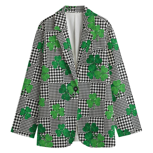 Shamrocks Houndstooth Pattern Print Women's Blazer
