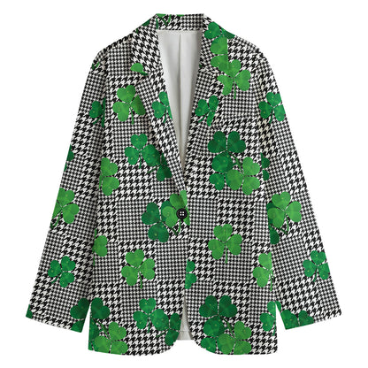 Shamrocks Houndstooth Pattern Print Women's Cotton Blazer