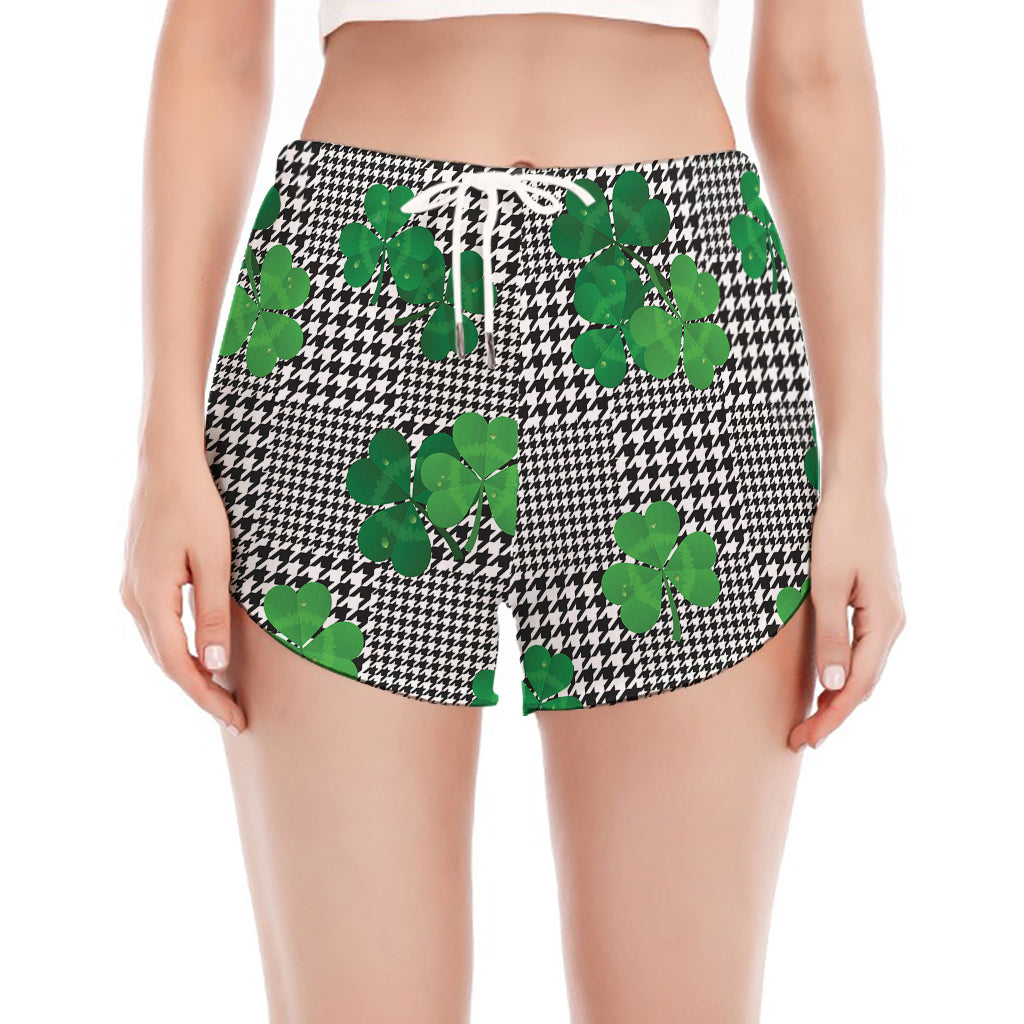 Shamrocks Houndstooth Pattern Print Women's Split Running Shorts