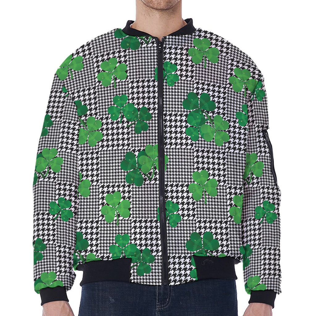 Shamrocks Houndstooth Pattern Print Zip Sleeve Bomber Jacket