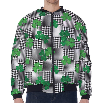 Shamrocks Houndstooth Pattern Print Zip Sleeve Bomber Jacket