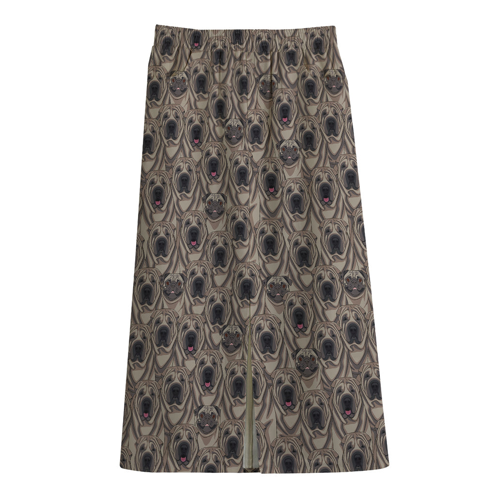 Shar Pei And Pug Pattern Print Cotton Front Slit Maxi Skirt