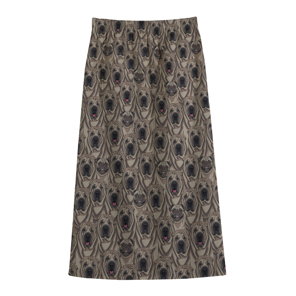 Shar Pei And Pug Pattern Print Cotton Front Slit Maxi Skirt