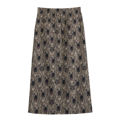 Shar Pei And Pug Pattern Print Cotton Front Slit Maxi Skirt