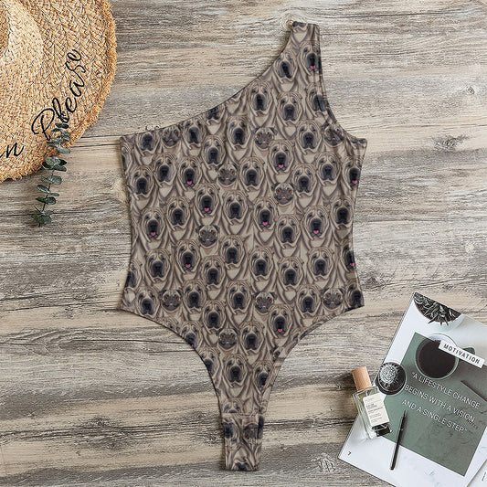 Shar Pei And Pug Pattern Print One Shoulder Bodysuit