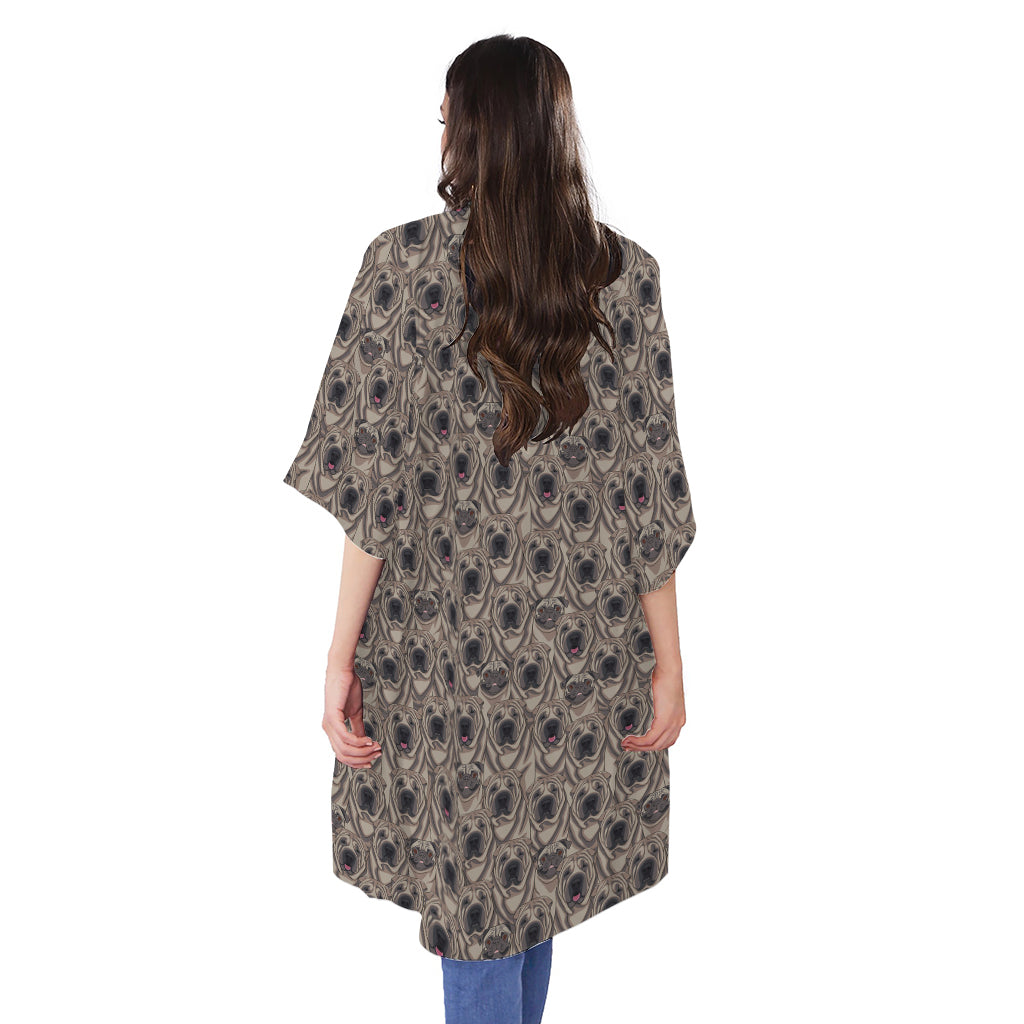 Shar Pei And Pug Pattern Print Open Front Beach Cover Up
