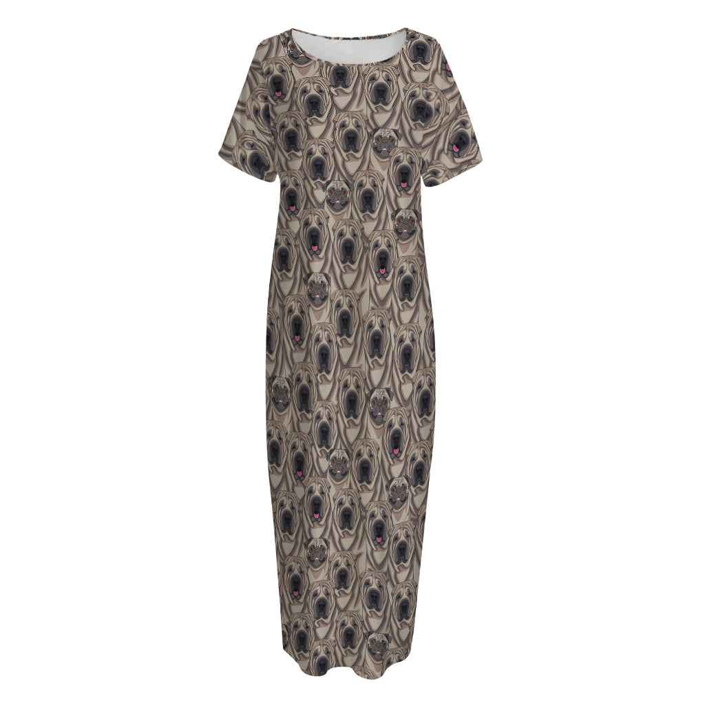 Shar Pei And Pug Pattern Print Short Sleeve Long Nightdress