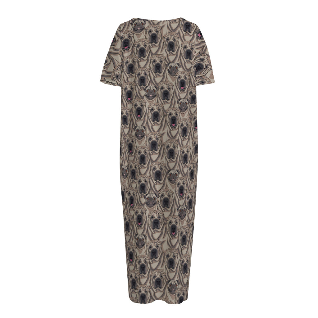 Shar Pei And Pug Pattern Print Short Sleeve Long Nightdress
