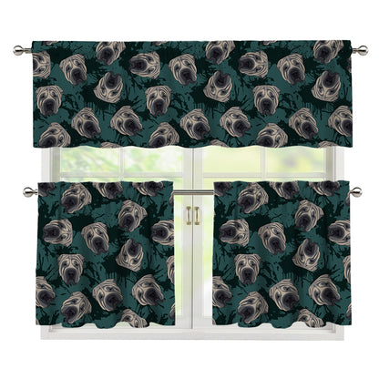 Shar Pei Face Pattern Print 3 Piece Kitchen Curtains