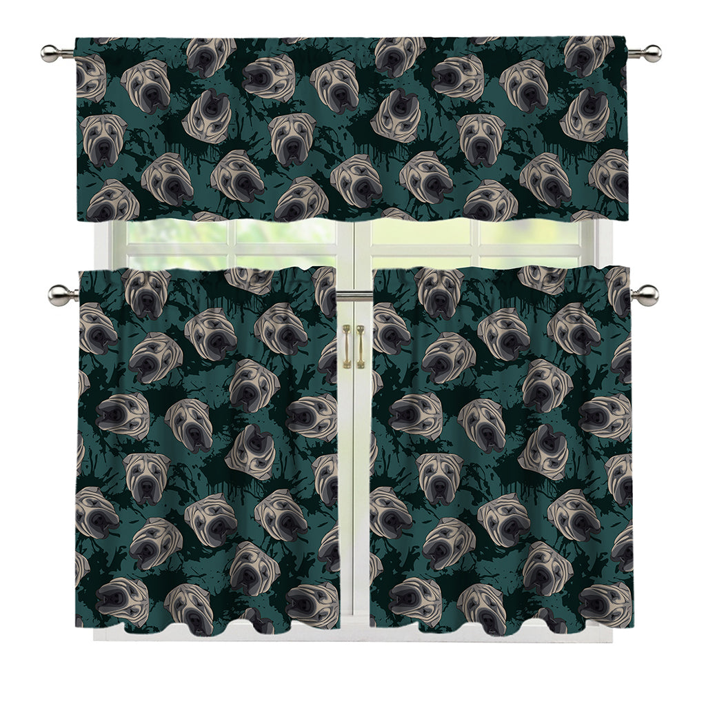 Shar Pei Face Pattern Print 3 Piece Kitchen Curtains