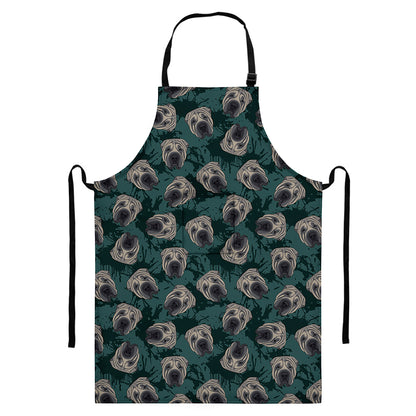 Shar Pei Face Pattern Print Bib Apron With Pocket