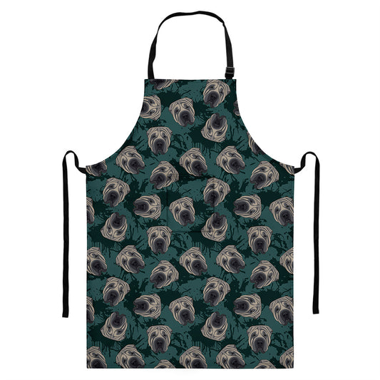 Shar Pei Face Pattern Print Bib Apron With Pocket