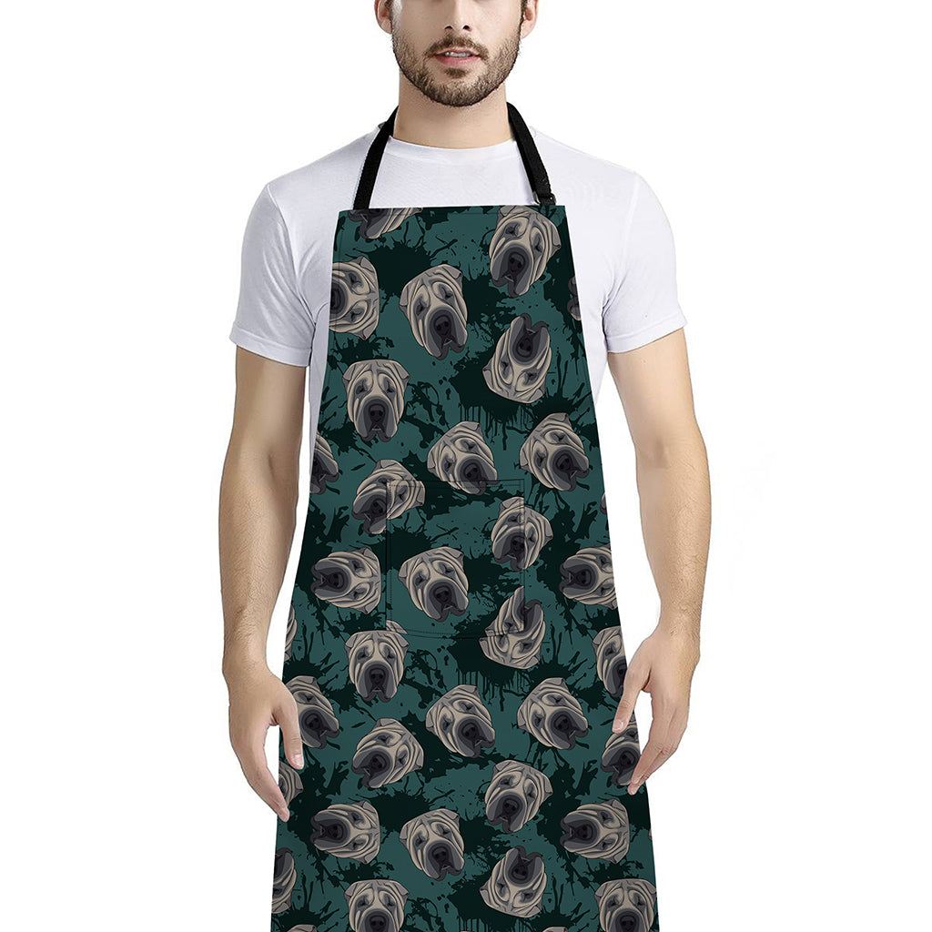 Shar Pei Face Pattern Print Bib Apron With Pocket