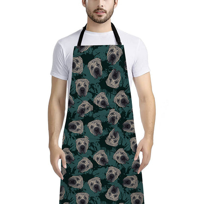 Shar Pei Face Pattern Print Bib Apron With Pocket