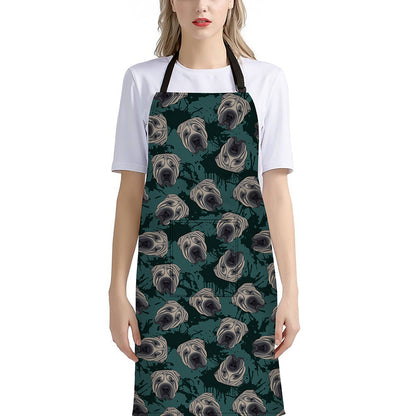 Shar Pei Face Pattern Print Bib Apron With Pocket