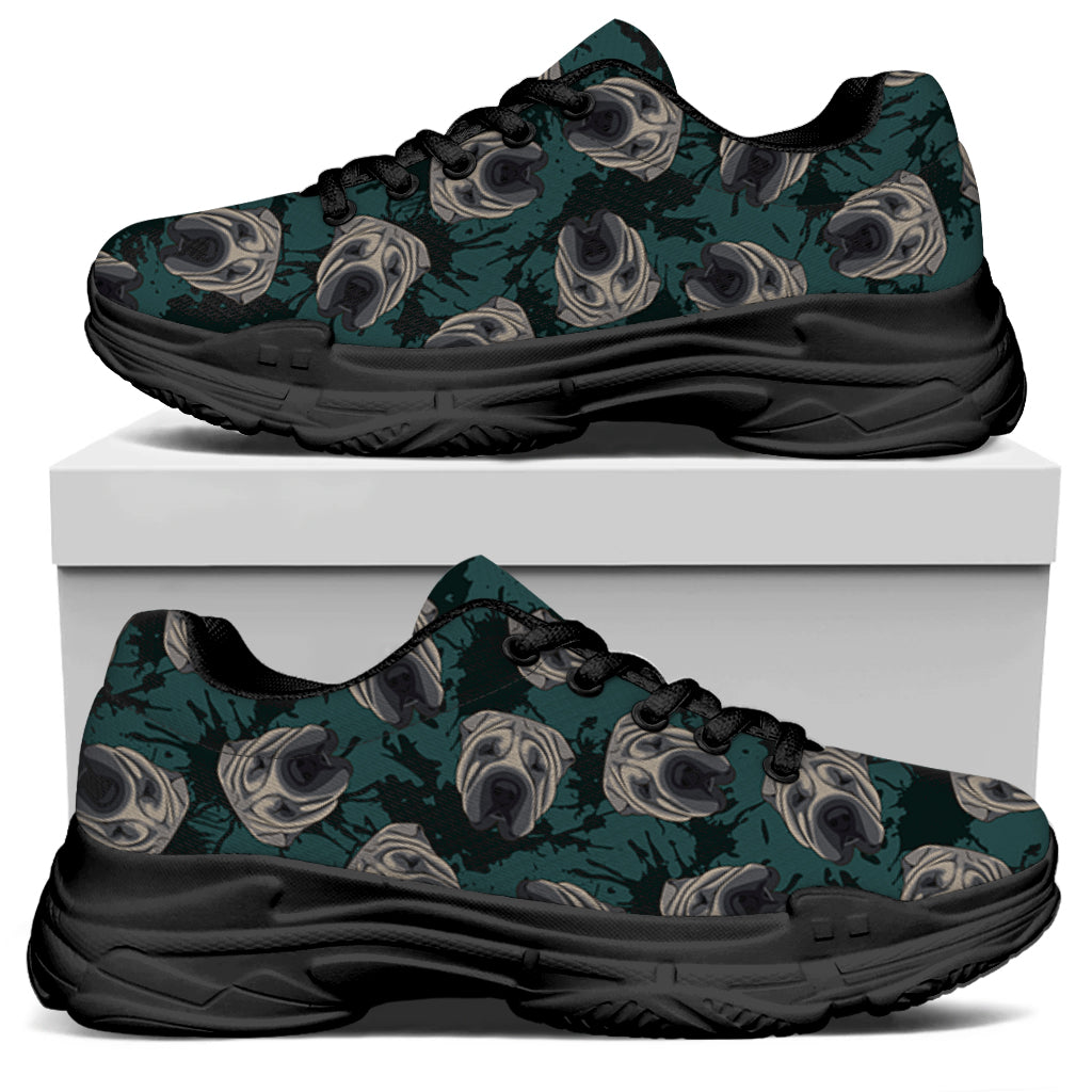Shar Pei Face Pattern Print Black Chunky Shoes