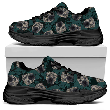 Shar Pei Face Pattern Print Black Chunky Shoes