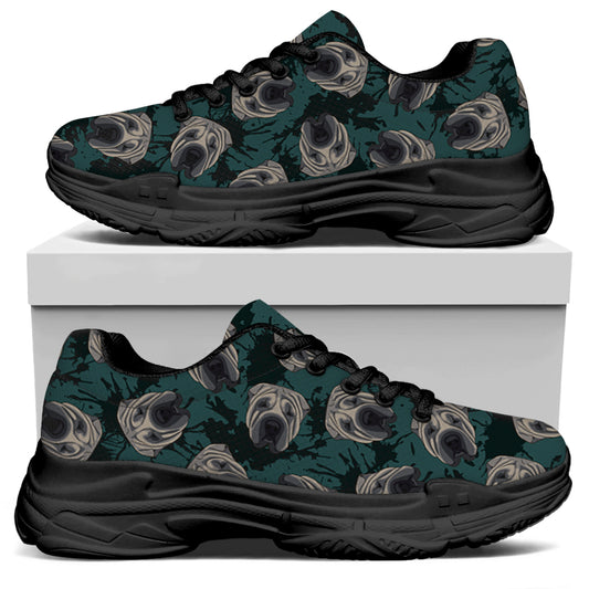 Shar Pei Face Pattern Print Black Chunky Shoes