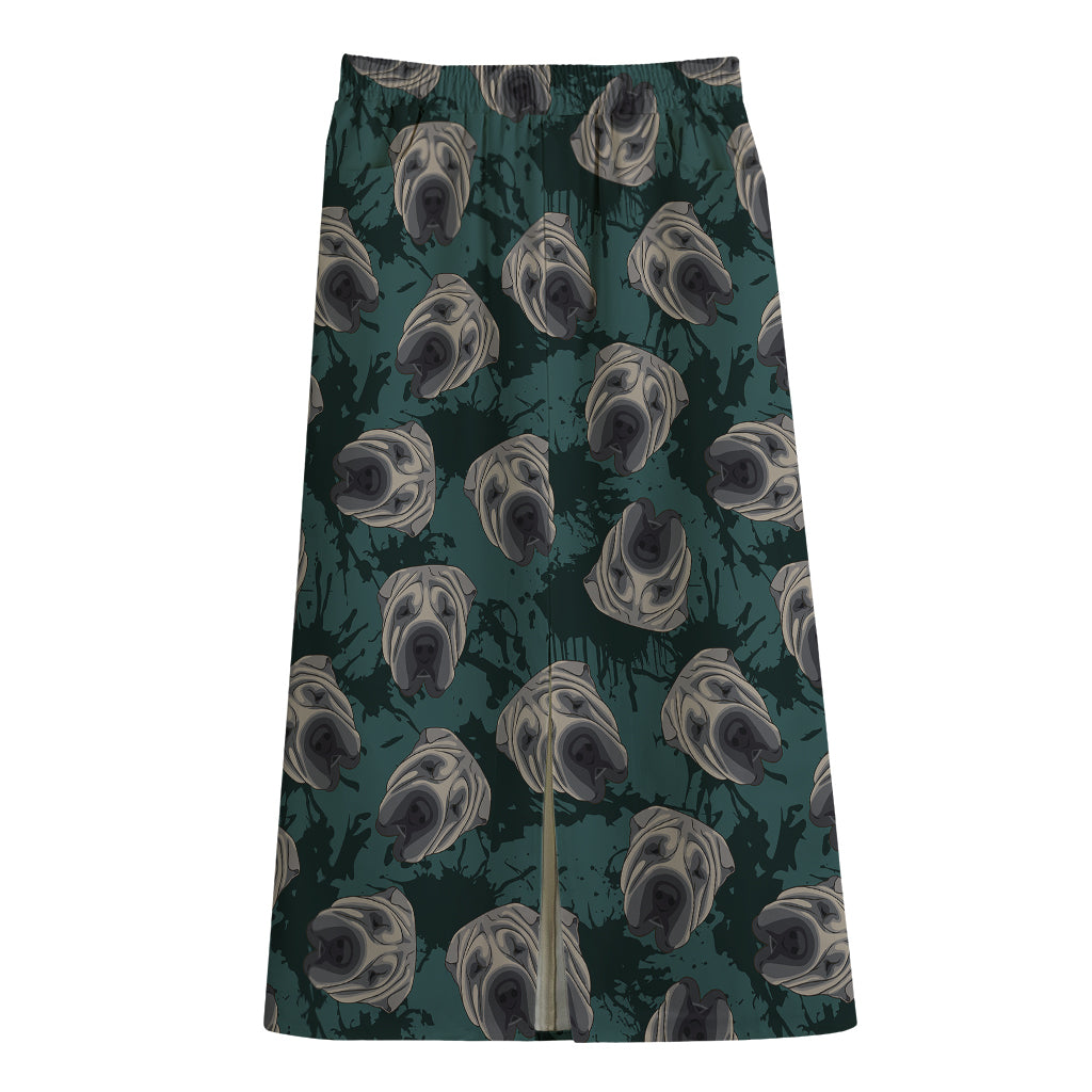 Shar Pei Face Pattern Print Cotton Front Slit Maxi Skirt