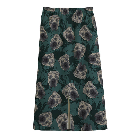 Shar Pei Face Pattern Print Cotton Front Slit Maxi Skirt