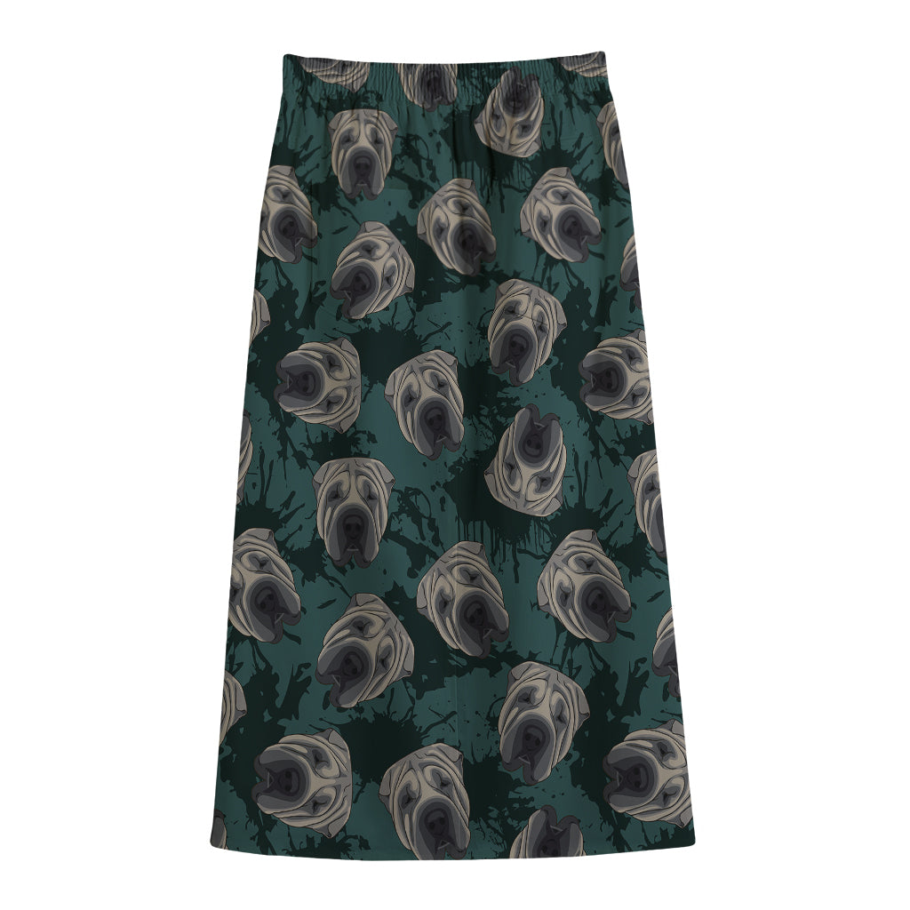 Shar Pei Face Pattern Print Cotton Front Slit Maxi Skirt