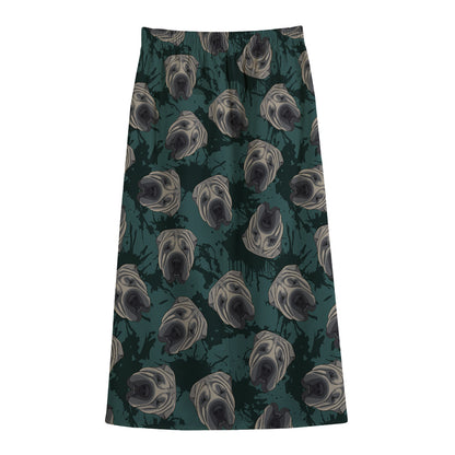 Shar Pei Face Pattern Print Cotton Front Slit Maxi Skirt