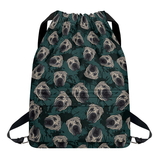Shar Pei Face Pattern Print Drawstring Backpack