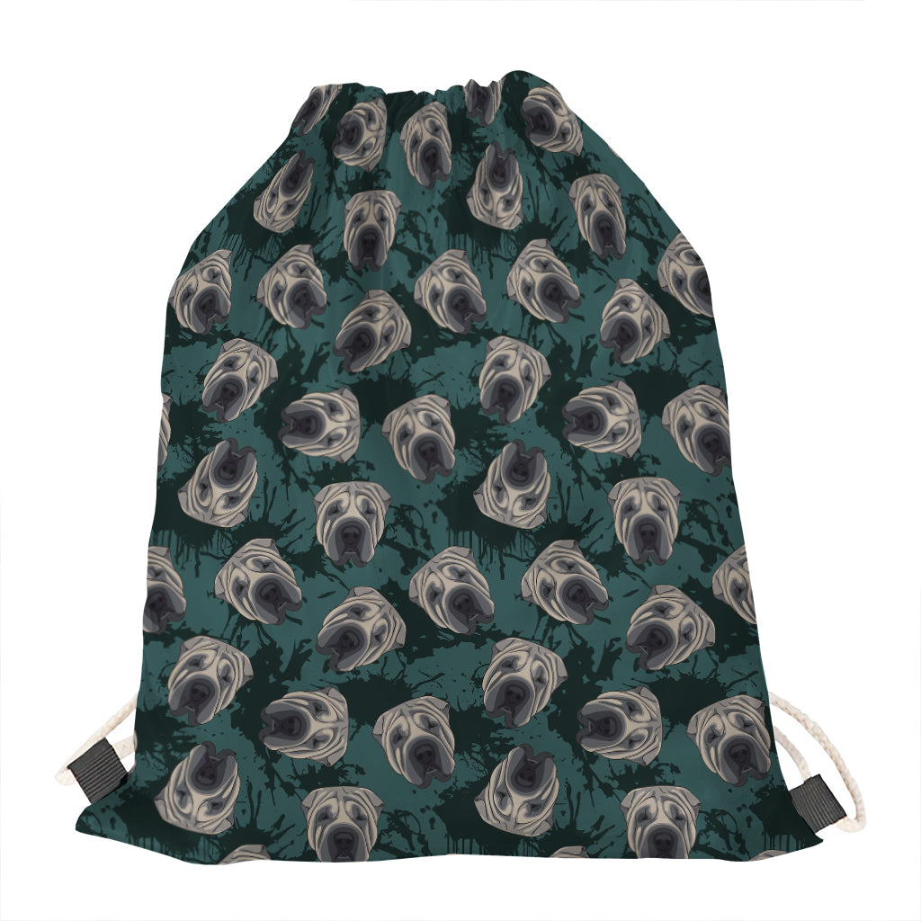 Shar Pei Face Pattern Print Drawstring Bag