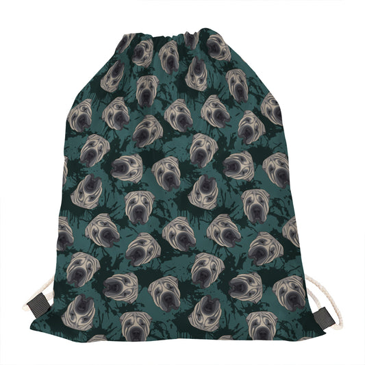 Shar Pei Face Pattern Print Drawstring Bag