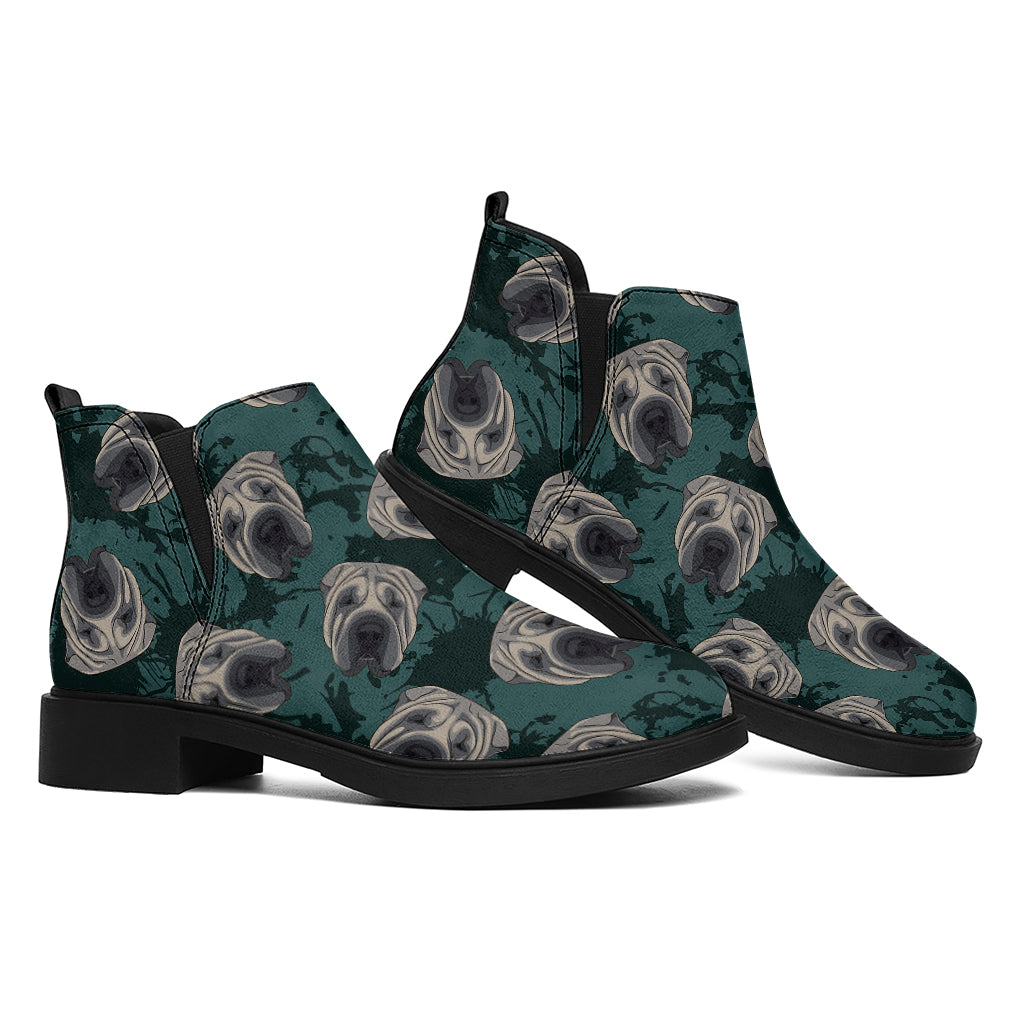 Shar Pei Face Pattern Print Flat Ankle Boots