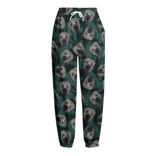 Shar Pei Face Pattern Print Fleece Lined Knit Pants