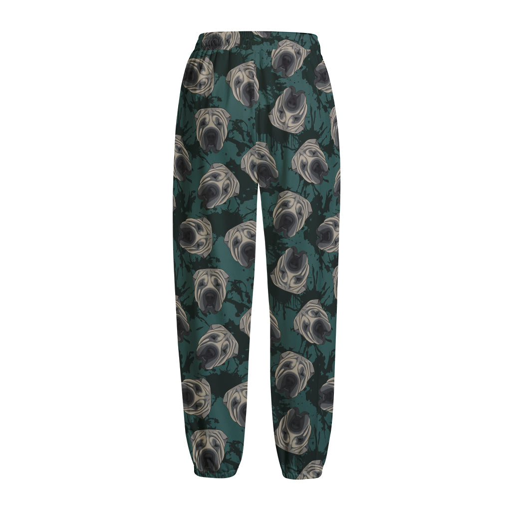 Shar Pei Face Pattern Print Fleece Lined Knit Pants