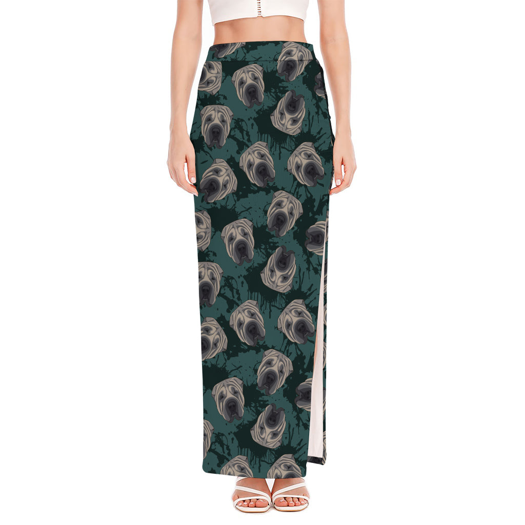 Shar Pei Face Pattern Print High Slit Maxi Skirt