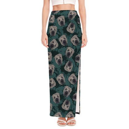 Shar Pei Face Pattern Print High Slit Maxi Skirt