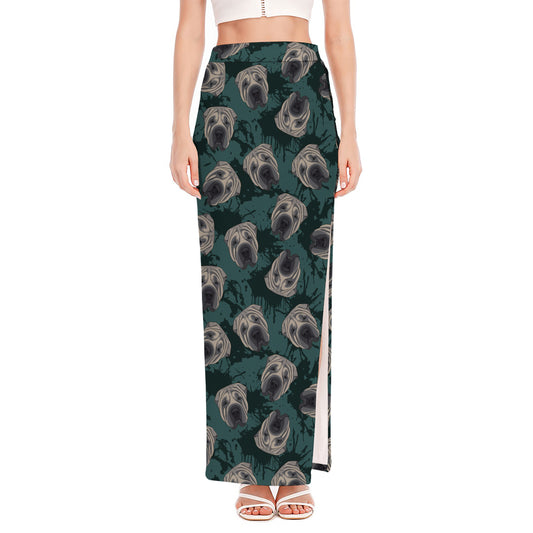 Shar Pei Face Pattern Print High Slit Maxi Skirt