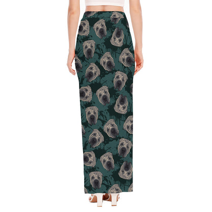 Shar Pei Face Pattern Print High Slit Maxi Skirt