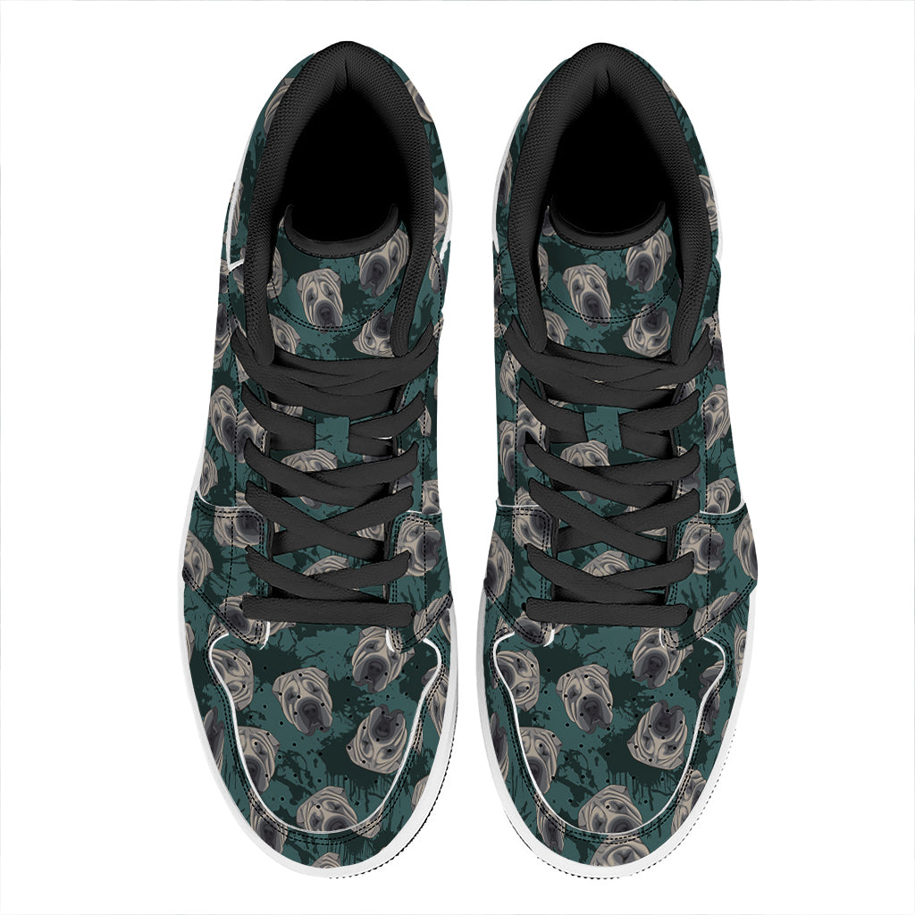Shar Pei Face Pattern Print High Top Leather Sneakers