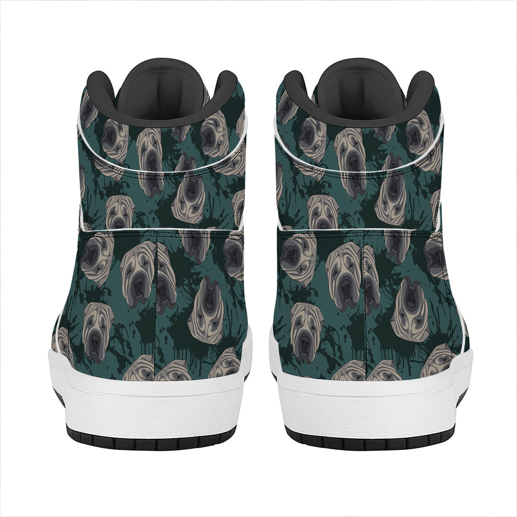 Shar Pei Face Pattern Print High Top Leather Sneakers