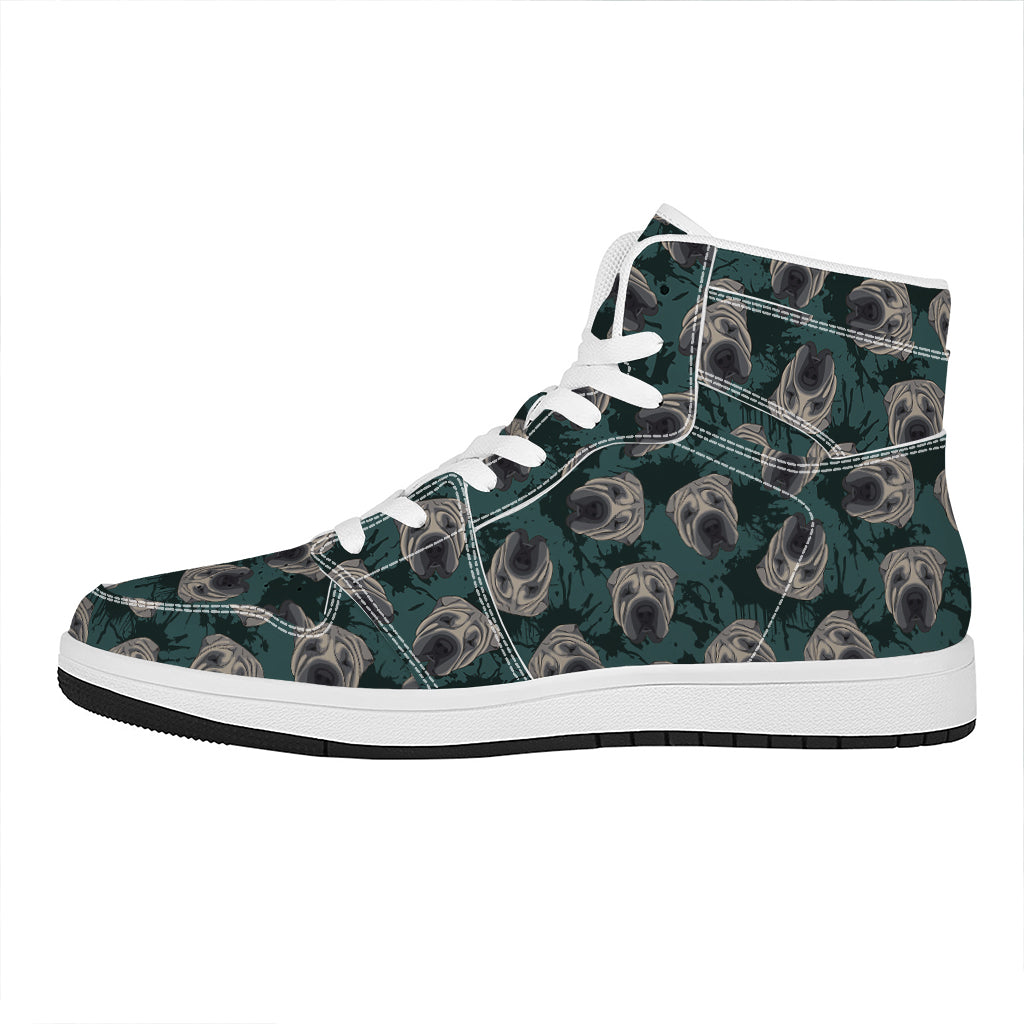 Shar Pei Face Pattern Print High Top Leather Sneakers