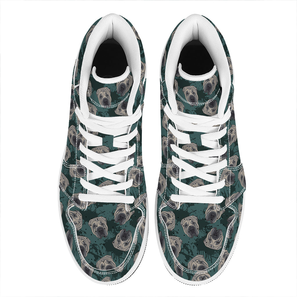 Shar Pei Face Pattern Print High Top Leather Sneakers