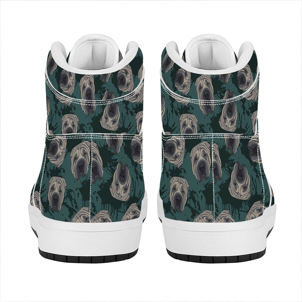 Shar Pei Face Pattern Print High Top Leather Sneakers