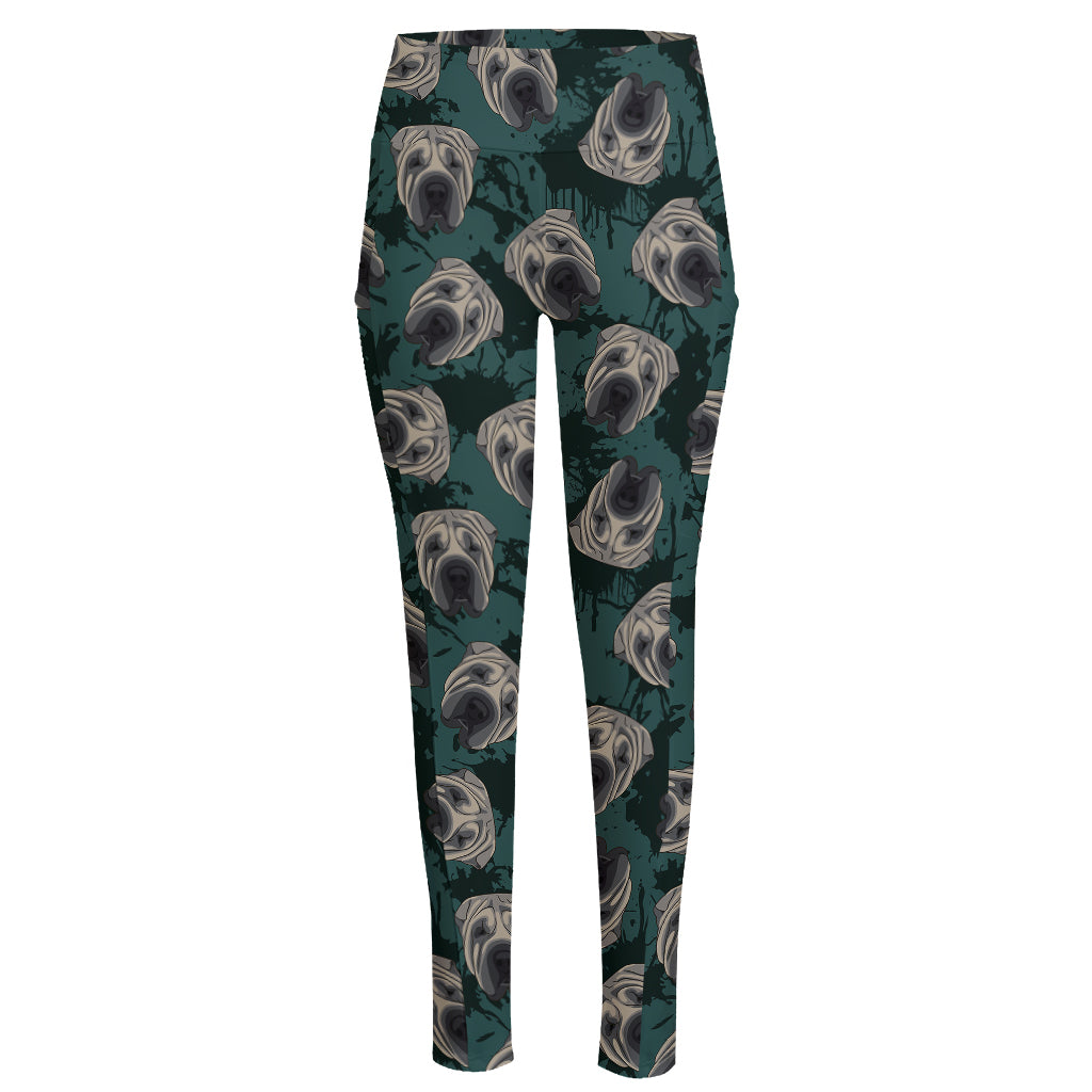 Shar Pei Face Pattern Print High-Waisted Pocket Leggings