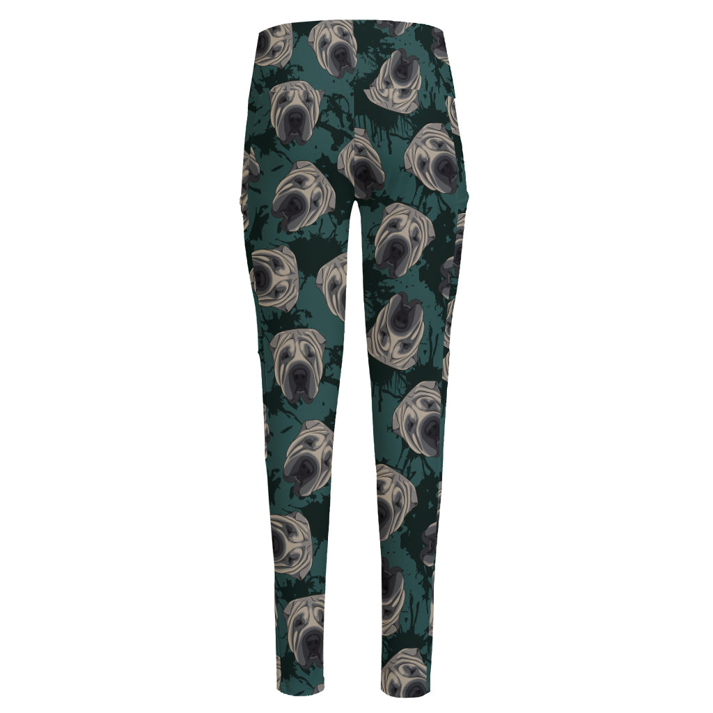 Shar Pei Face Pattern Print High-Waisted Pocket Leggings