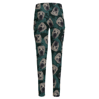 Shar Pei Face Pattern Print High-Waisted Pocket Leggings