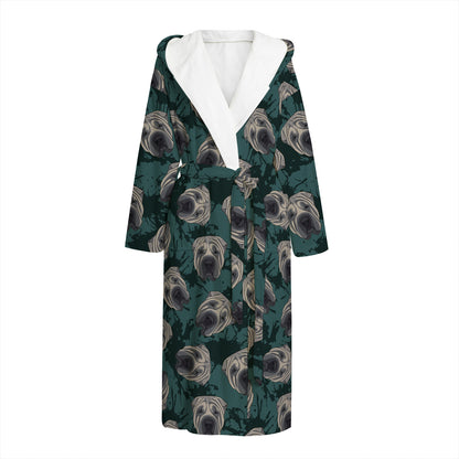 Shar Pei Face Pattern Print Hooded Bathrobe
