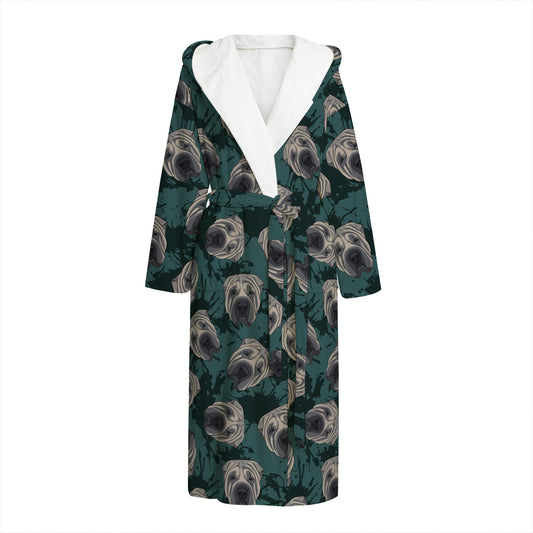 Shar Pei Face Pattern Print Hooded Bathrobe