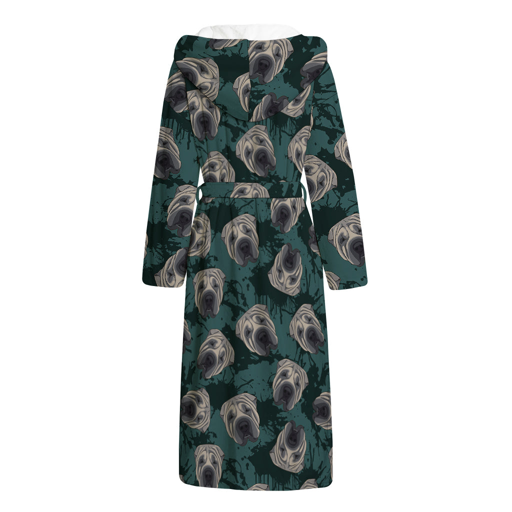 Shar Pei Face Pattern Print Hooded Bathrobe