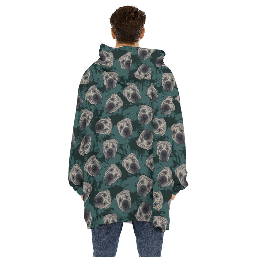 Shar Pei Face Pattern Print Hoodie Blanket